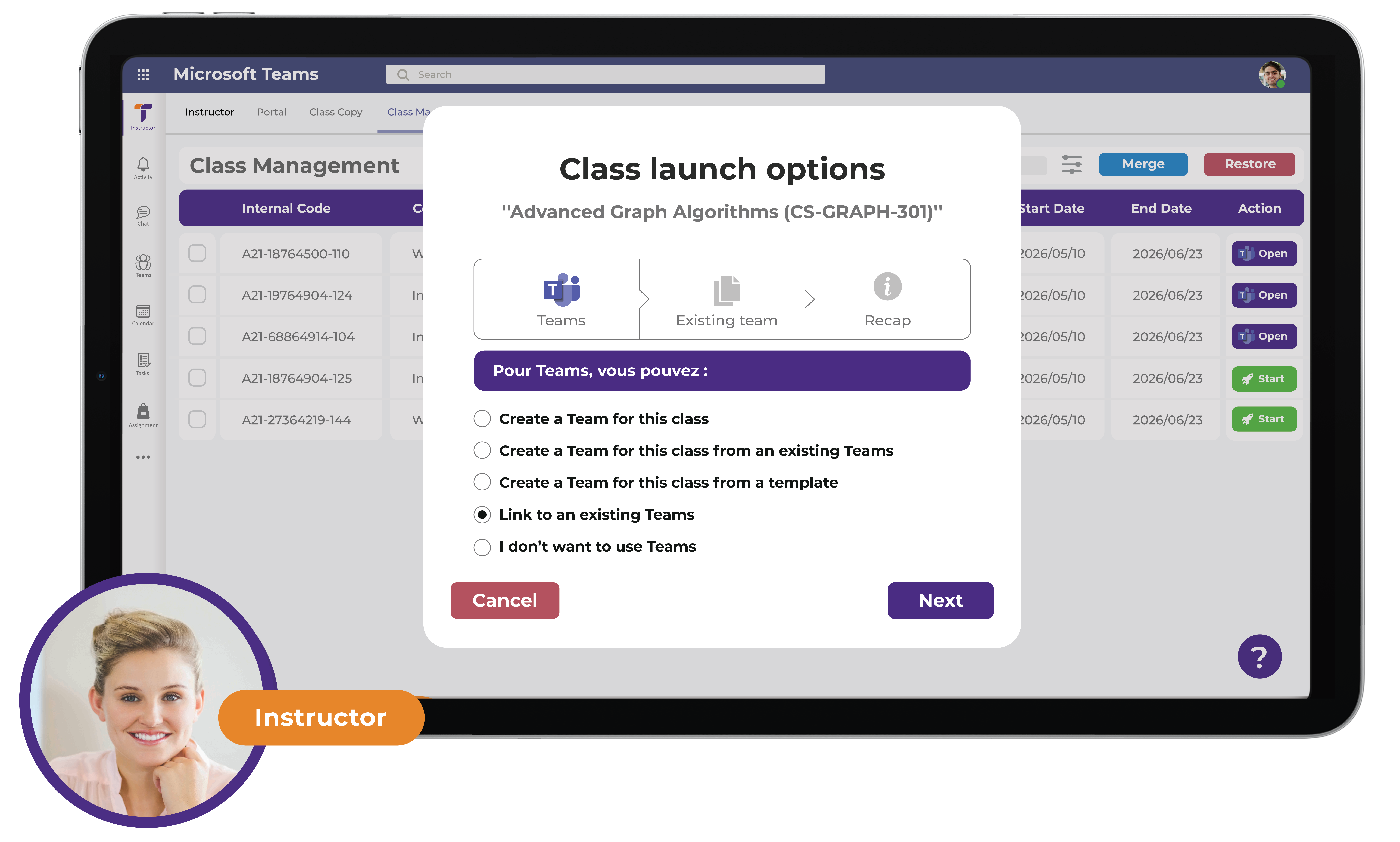 Teameo class management interface for instructors